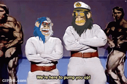 A Couple Of Cartoon Characters Are Standing Next To Each Other And One Of Them Says We 'Re Here To Pump You Up GIF