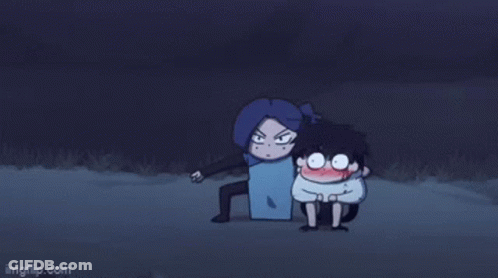 A Couple Of Cartoon Characters Are Standing Next To Each Other At Night . GIF
