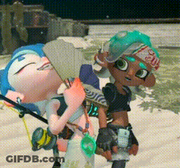 A Couple Of Cartoon Characters Are Standing Next To Each Other Holding A Fan . GIF