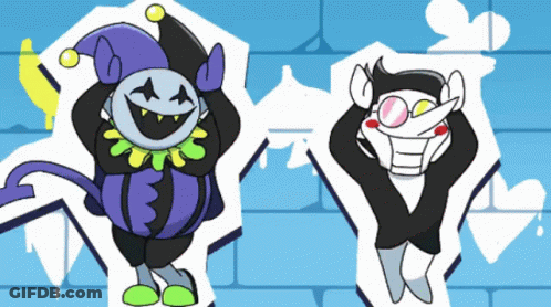 A Couple Of Cartoon Characters Are Standing Next To Each Other On A Blue Background GIF