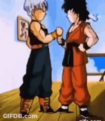A Couple Of Cartoon Characters Are Standing Next To Each Other On A Wooden Deck . GIF