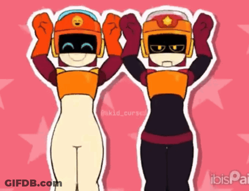 A Couple Of Cartoon Characters Are Standing Next To Each Other With Their Arms In The Air GIF
