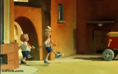 A Couple Of Cartoon Characters Are Walking Down A Street . GIF