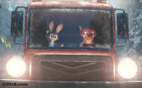 A Couple Of Cartoon Characters Driving A Red Truck GIF