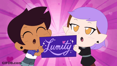 A Couple Of Cartoon Characters Holding A Sign That Says Lumity GIF