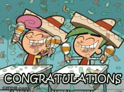 A Couple Of Cartoon Characters Holding Maracas With The Words Congratulations Written Below Them GIF