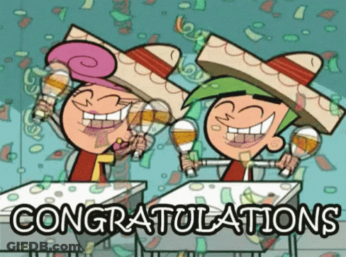 A Couple Of Cartoon Characters Holding Maracas With The Words Congratulations Written Below Them GIF