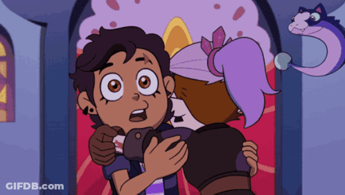A Couple Of Cartoon Characters Hugging Each Other With A Cat Behind Them GIF