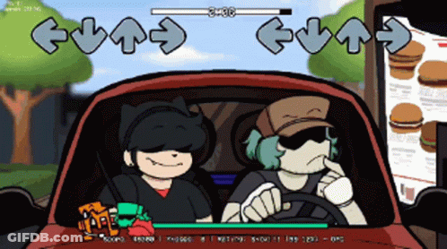 A Couple Of Cartoon Characters In A Car In Front Of A Mcdonald 'S Drive Thru GIF