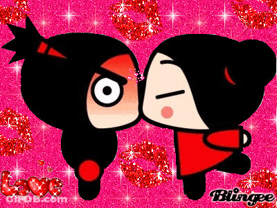 A Couple Of Cartoon Characters Kissing On A Pink Background GIF