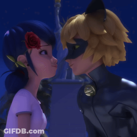 A Couple Of Cartoon Characters Kissing With A Red Rose In Their Hair GIF