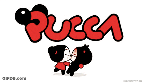 A Couple Of Cartoon Characters Kissing With The Word Pucca Behind Them GIF