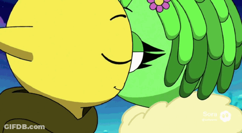 A Couple Of Cartoon Characters Kissing With The Word Sora On The Bottom Right GIF