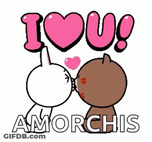 A Couple Of Cartoon Characters Kissing With The Words I Love U Amorchis Behind Them GIF