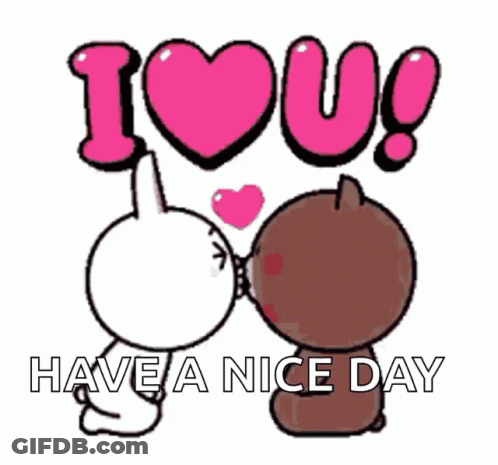 A Couple Of Cartoon Characters Kissing With The Words " I Love U Have A Nice Day " GIF