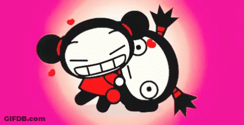 A Couple Of Cartoon Characters Laying On Top Of Each Other With A Pink Background GIF