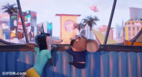 A Couple Of Cartoon Characters Looking Out A Window At A City GIF