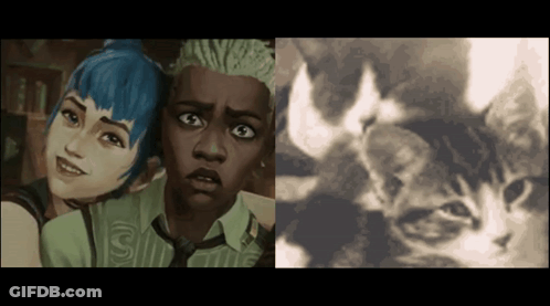 A Couple Of Cartoon Characters Next To A Picture Of A Cat With Flames Coming Out Of Its Eyes GIF