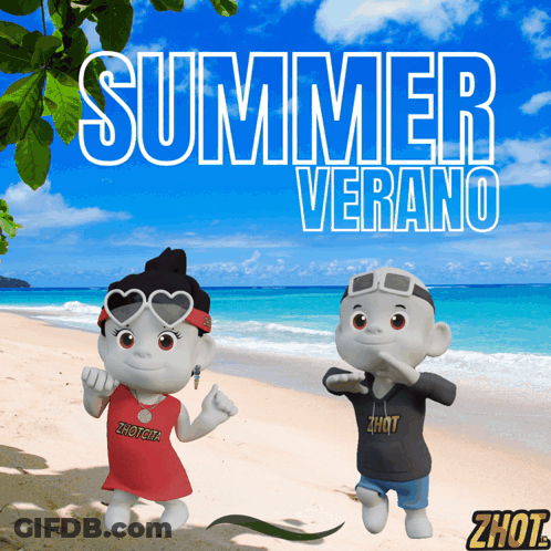 A Couple Of Cartoon Characters On A Beach With The Words Summer Verano GIF