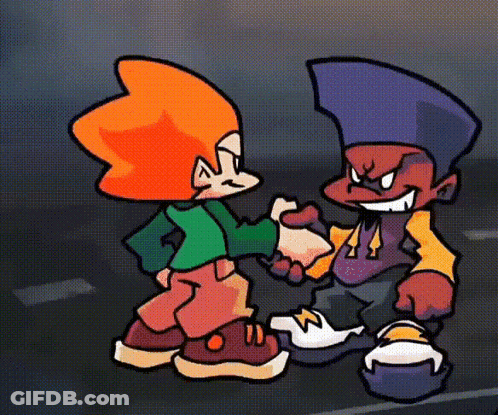 A Couple Of Cartoon Characters Shaking Hands In A Street . GIF