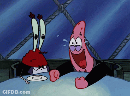 A Couple Of Cartoon Characters Sitting At A Table With A Plate And Fork On It GIF