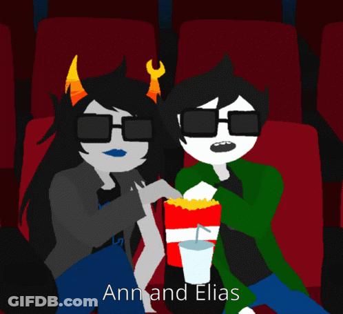 A Couple Of Cartoon Characters Sitting Next To Each Other With The Name Ann And Elias On The Bottom GIF