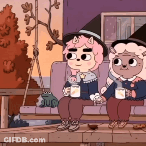 A Couple Of Cartoon Characters Sitting On A Couch Holding Cups Of Coffee GIF