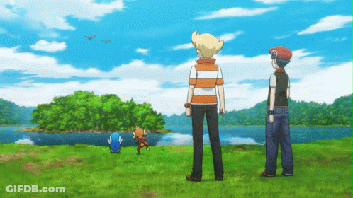 A Couple Of Cartoon Characters Standing In A Field GIF