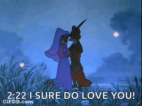 A Couple Of Cartoon Characters Standing In A Field With The Words 2:22 I Sure Do Love You . GIF