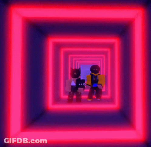 A Couple Of Cartoon Characters Standing In A Tunnel Of Red Lights GIF