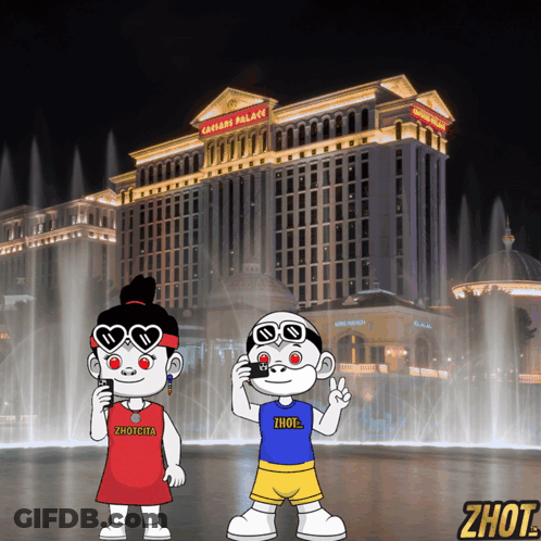 A Couple Of Cartoon Characters Standing In Front Of A Building That Says Caesars Palace GIF