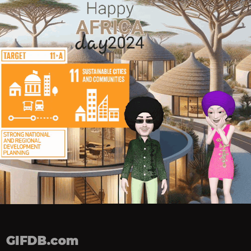 A Couple Of Cartoon Characters Standing In Front Of A Building That Says Happy Africa Day GIF