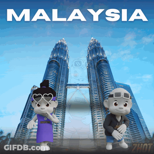 A Couple Of Cartoon Characters Standing In Front Of A Building That Says " Malaysia " GIF