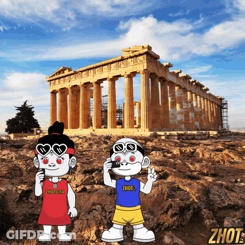 A Couple Of Cartoon Characters Standing In Front Of A Building That Says " Zhot " On It GIF