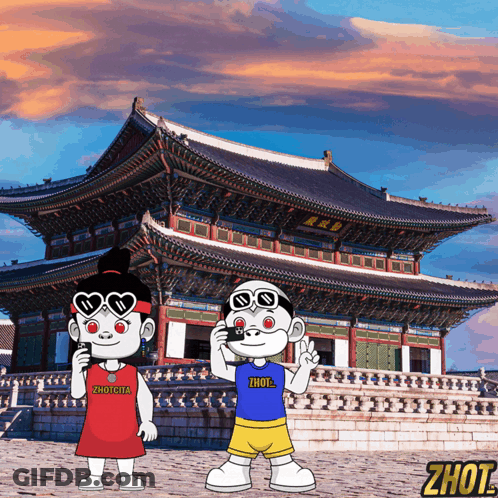 A Couple Of Cartoon Characters Standing In Front Of A Building With The Word Zhou On The Bottom GIF