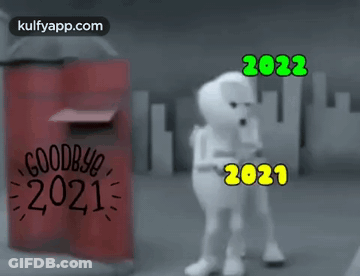 A Couple Of Cartoon Characters Standing In Front Of A Mailbox With The Words Goodbye 2021 And 2022 Written On It GIF