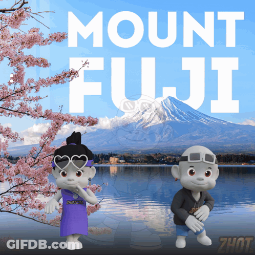 A Couple Of Cartoon Characters Standing In Front Of A Mountain Named Mount Fuji GIF