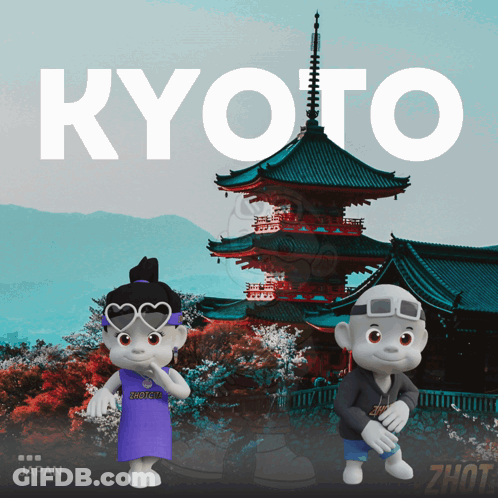 A Couple Of Cartoon Characters Standing In Front Of A Pagoda And The Word Kyoto GIF