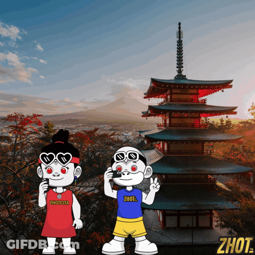 A Couple Of Cartoon Characters Standing In Front Of A Pagoda With The Word Zhot On The Bottom Right GIF