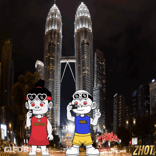 A Couple Of Cartoon Characters Standing In Front Of A Skyscraper One Of Whom Has The Word Zhot On His Shirt GIF