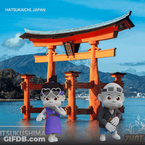 A Couple Of Cartoon Characters Standing In Front Of A Torii Gate GIF