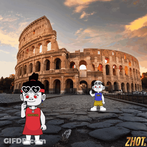 A Couple Of Cartoon Characters Standing In Front Of The Colosseum With The Word Zhout On The Bottom Right GIF