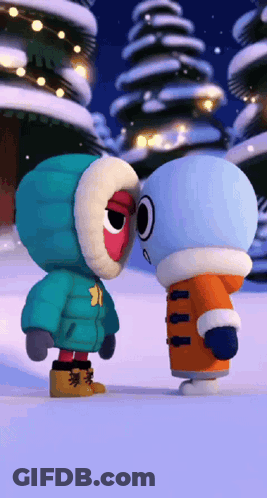 A Couple Of Cartoon Characters Standing In The Snow GIF