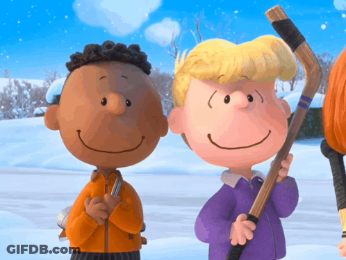 A Couple Of Cartoon Characters Standing In The Snow Holding Hockey Sticks GIF