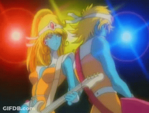 A Couple Of Cartoon Characters Standing Next To Each Other Holding Guitars GIF