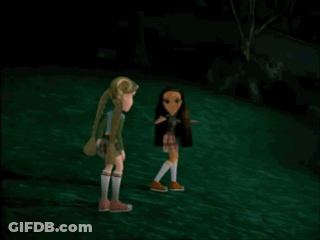 A Couple Of Cartoon Characters Standing Next To Each Other In A Dark Area GIF