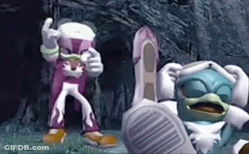 A Couple Of Cartoon Characters Standing Next To Each Other In A Dark Forest . GIF