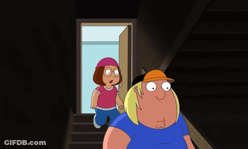 A Couple Of Cartoon Characters Standing Next To Each Other In A Dark Room GIF