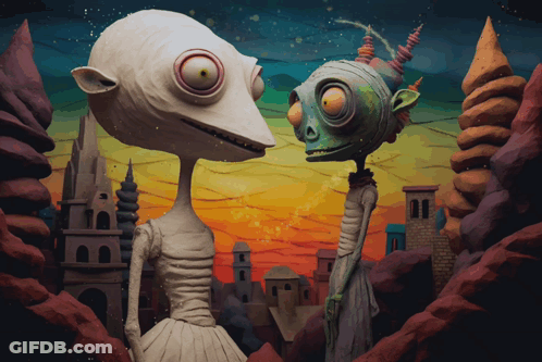 A Couple Of Cartoon Characters Standing Next To Each Other In A Landscape GIF