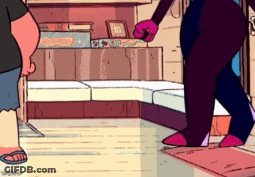 A Couple Of Cartoon Characters Standing Next To Each Other In A Living Room GIF